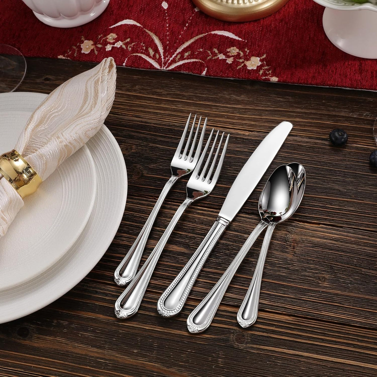 KEAWELL Pearl Edge Premium 65-Piece Refined Bead Silverware Set, 18/10 Stainless Steel, Service for 12, Fine Flatware Set with Serving Utensils, Dishwasher Safe (65, Silver)