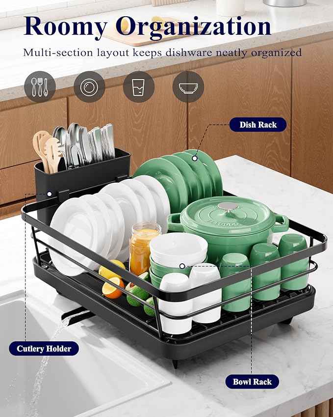 Kitsure Dish Drying Rack for Kitchen Counter, Stainless Steel Sink Organization and Storage Essentials with Cutlery Holder, Home and Appartment Decor, 12''W x 15.5''L, Black