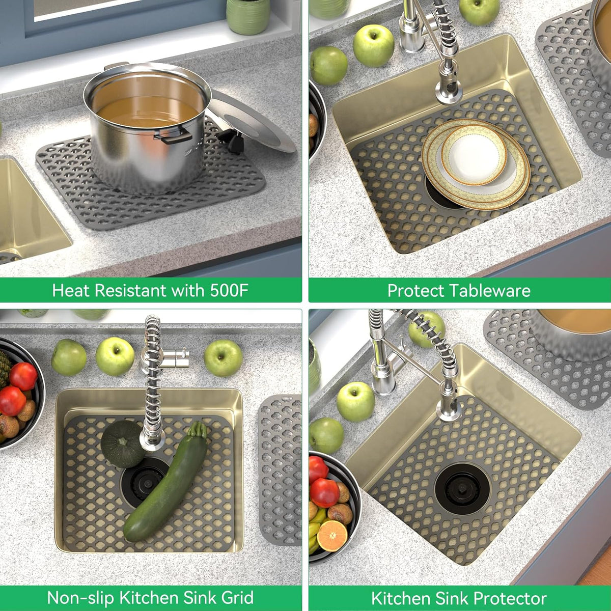TOOVEM Kitchen Sink Mats, 2PCS Non-Slip Heat Resistant Silicone Sink Protector Mat, Folding Farmhouse Rear Drain Sink Mats, Center Drain, Grey