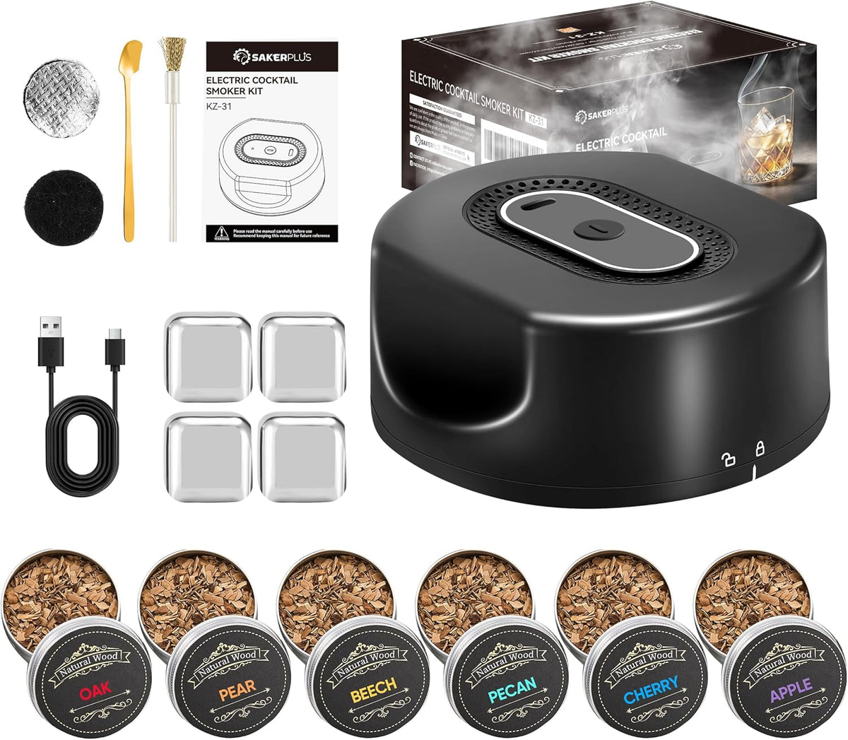 Electric Cocktail Smoker Kit Built-in Lighter, Old Fashioned Drink Smoker for Whiskey & Bourbon, Butane-Free with 6 Wood Chips, Gift Set for Men, Home Bar, Holidays, Christmas, Father's Day