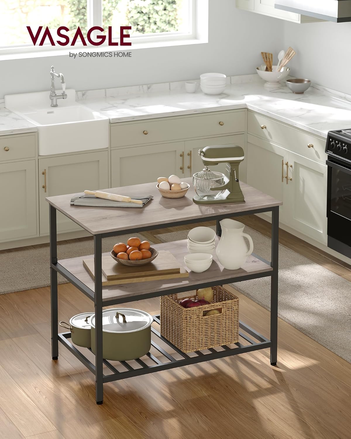 VASAGLE Kitchen Island with 3 Shelves, 39.4 Inches Width Kitchen Shelf with Large Worktop, Stable Steel Structure, Industrial, Easy to Assemble, Greige and Black UKKI005B02