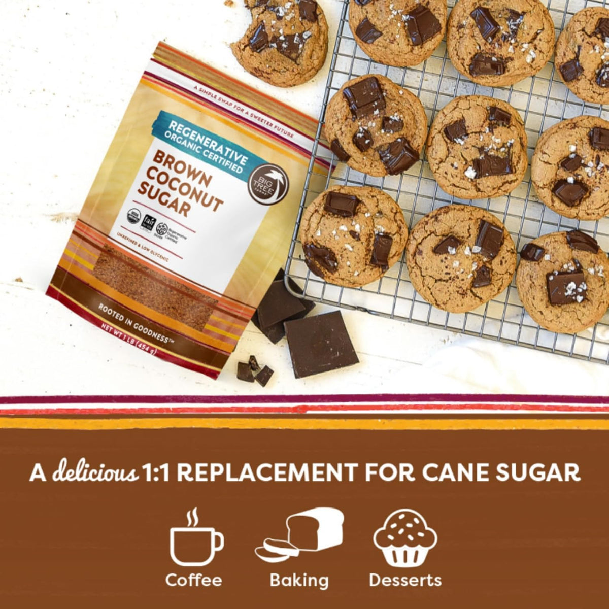 Big Tree Farms Organic Brown Coconut Sugar - Coconut Palm Sugar, Unrefined, Fine Crystals, Cane Sugar Replacement, Coconut Blossom Nectar, Vegan, Perfect for Baking - 1 Pound (Pack of 1)