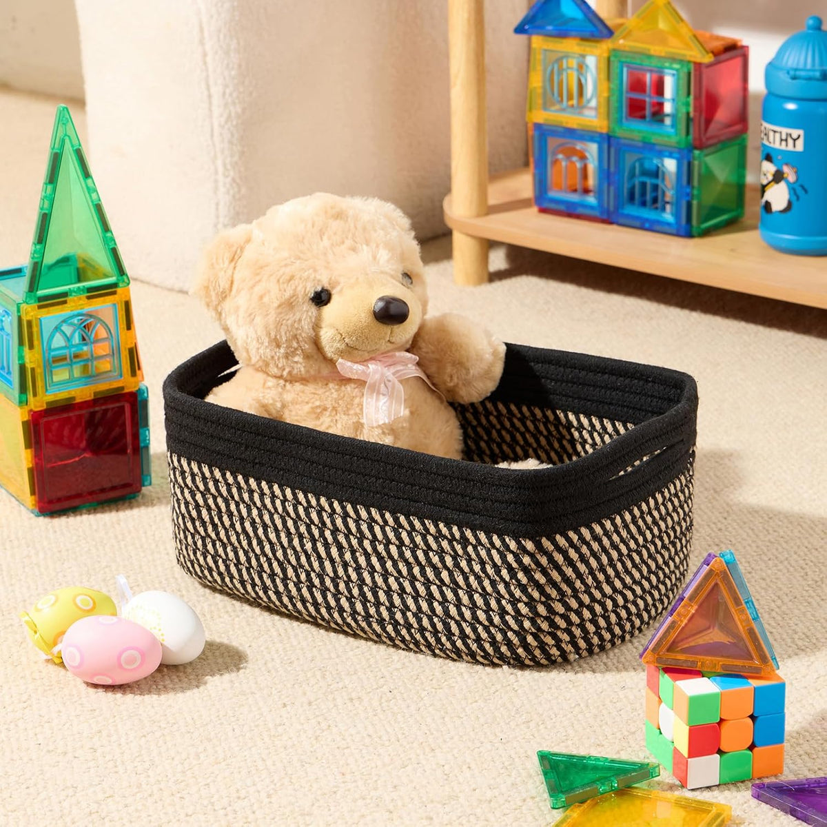 Small Storage Baskets for Organizing | Closet Organizer Bins | Shelf Toy Basket | Woven Rope Baskets | Cube Decorative Box | Shallow Basket | 13x8.5x5.1” | 3 Packs Black Brown