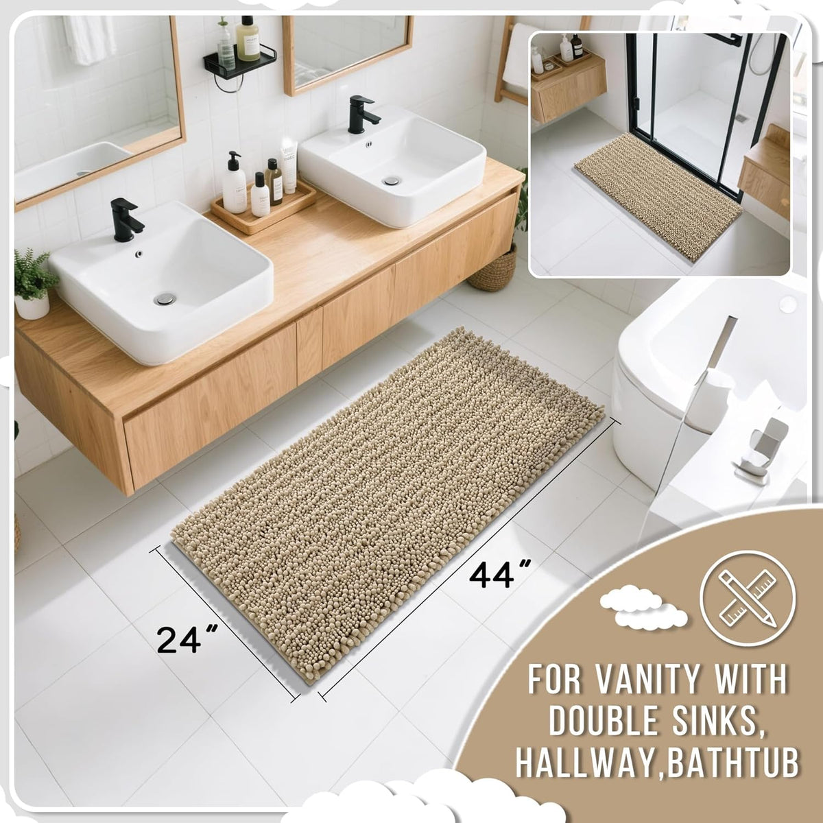 Yimobra Long Bathroom Rugs Non Slip Washable 44x24 Inch - Ultra Soft Absorbent Chenille Bath Mat, Quick Dry Shaggy Floor Carpet for Tub Shower, Pale Khaki Home Decor Accessories