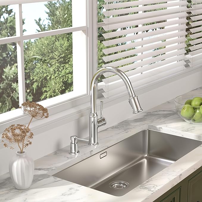 Lava Odoro Chrome Soap Dispenser for Kitchen Sink, Modern Brass Built in Countertop Pump Dispenser with 18 Oz Refillable Bottle, Kitchen Soap and Lotion Dispenser Spot-Free, Chrome, KSD-21