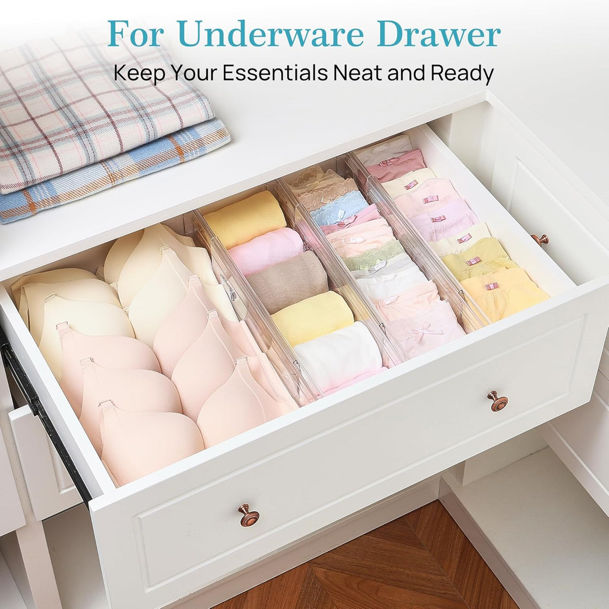 Vtopmart 4 Pack 4" Regular Upgrade Drawer Dividers for Clothes, 12.8"-22.3" Expandable Dresser Drawer Organizer, Clear Plastic Separators for Dresser, Baby Clothing, Underwear, Cosmetic, Toiletries