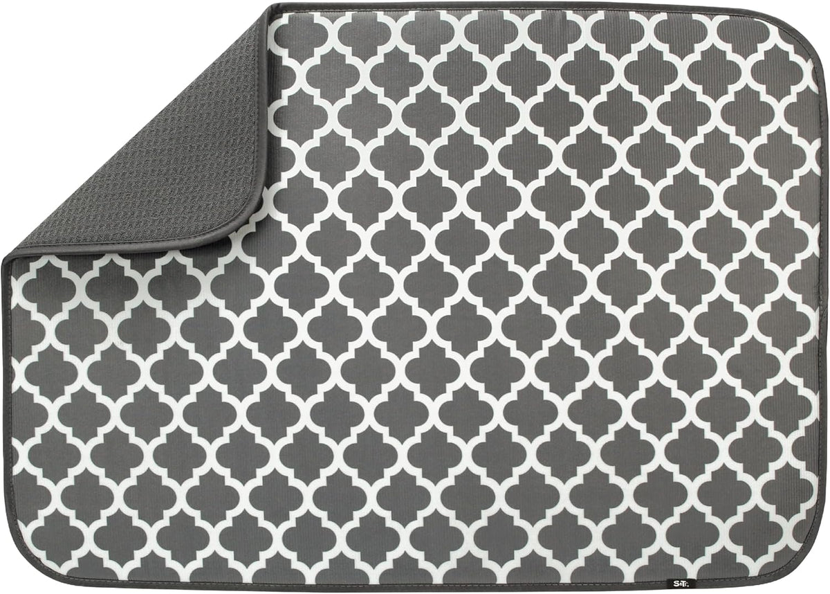 S&T INC. Dish Drying Mat XL, 18” x 24”, Absorbent Microfiber Kitchen Counter Mat, Dish Drying Pad for Dishes, Utensils, Pots and Pans, Extra Large, Pewter Grey Trellis