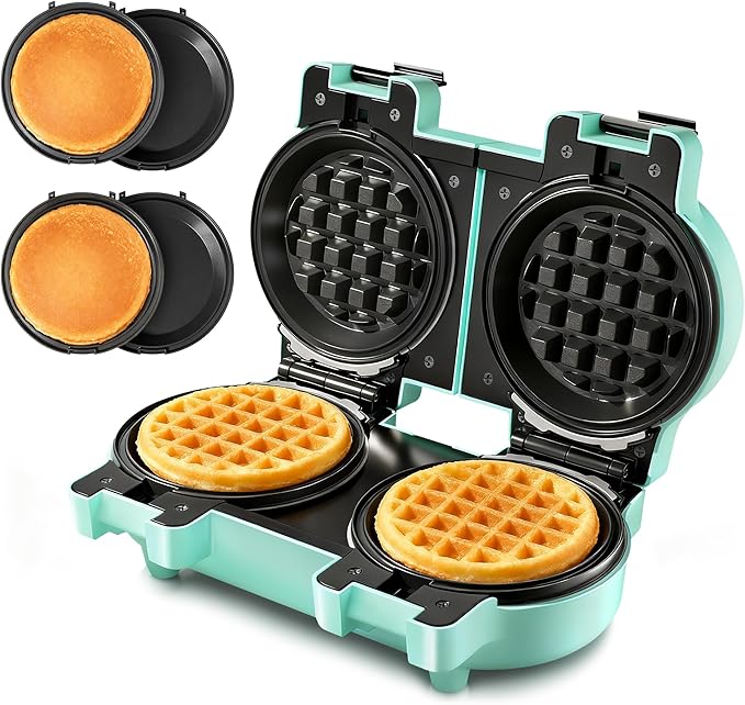 2-in-1 Double Waffle & Pancake Maker - CACHOO Mini 4" Nonstick Waffle Iron & Small Round Griddle with 4 Removable Plate Sets, Dishwasher Safe, Perfect for Small Spaces, Apartments & Dorms, Aqua
