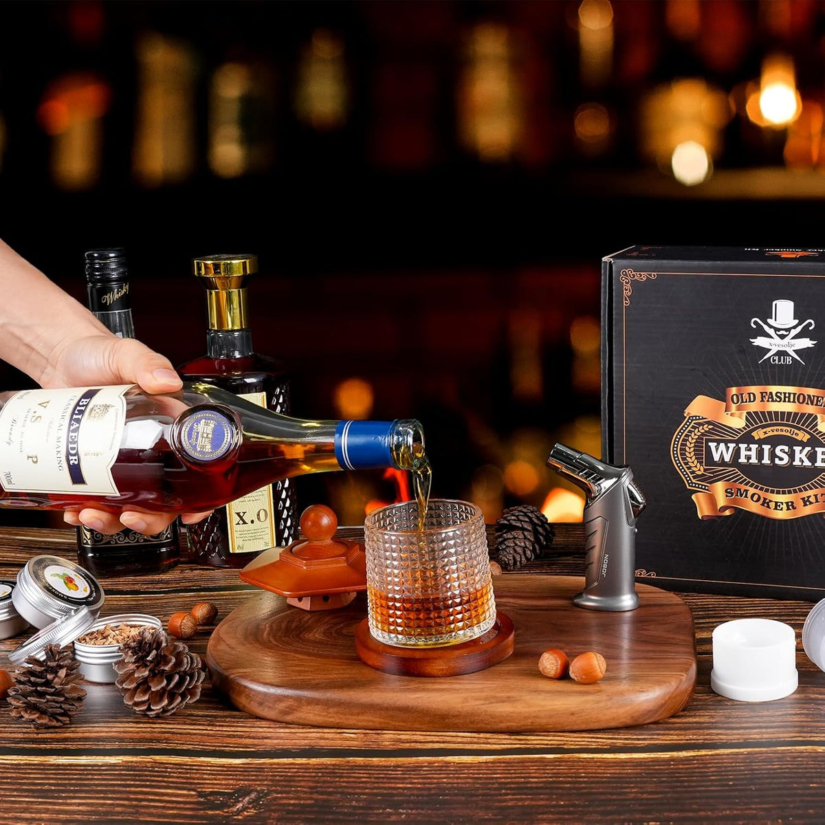 Whiskey Smoker Kit with Torch - 6 Flavors Wood Chips, 2 Rotatable Whiskey Glasses, 2 Ice Ball Molds - Cocktail Smoker Infuser Kit, Old Fashioned Smoker Kit, Birthday Gifts for Men, Dad(NO Butane)