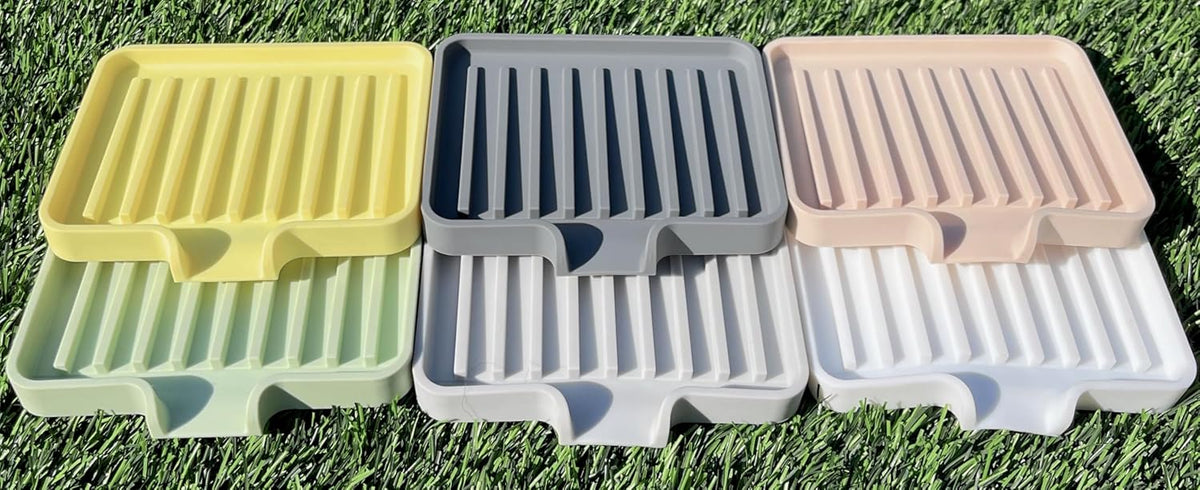 Happitasa Silicone Soap Dish Tray and Sponge Holder with Drain Chute, Pack of 2 | Bathroom and Kitchen Sink Organizer Caddy (Pale Yellow, 5.2"x4", 7.2 Ounces)
