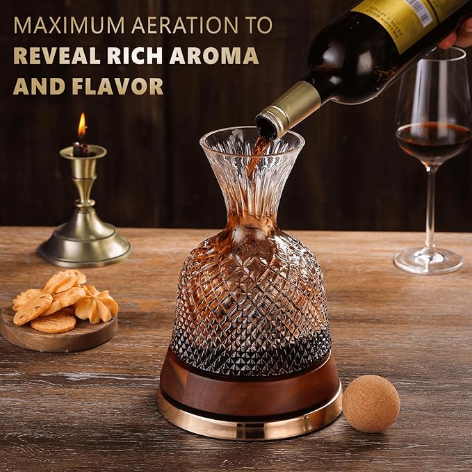 Rotating Wine Decanter with Wooden Base – 360° Spinning Wine Aerator for Fast Oxygenation, Crystal Clear Wine Carafe Decanter for Red Wine, Elegant Wine Decanter Set & Gift Choice