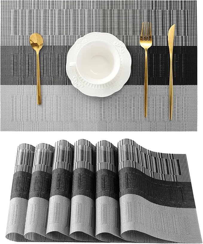 Leetaltree Grey with White Striped Placemats Set of 6 - Heat Resistant Non-Slip Place mats for Dining Table, Washable Durable PVC Vinyl Woven Table Mats（Grey Stripe, 6）