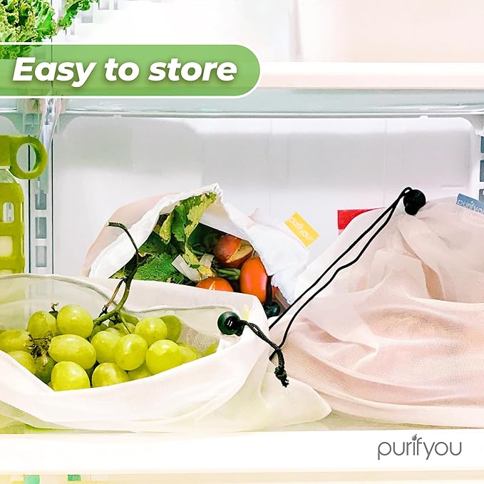 purifyou Set of 10 Reusable Mesh Produce Bags, Heavy Duty, Washable, Farmers Market Bag for Fruits, Vegetables, Groceries, Kitchen Storage, Home Organizer (12x20in)