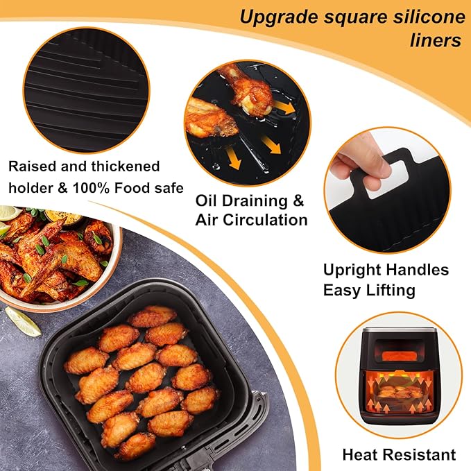 BYKITCHEN 9 Inch Square Silicone Air Fryer Liners for 6 to 8QT, Set of 2, Reusable Silicone Airfryer Tray Insert, Air Fryer Accessories for Corsori 6QT, Ninja Airfryer Pro XL 6.5QT, Gourmia & More