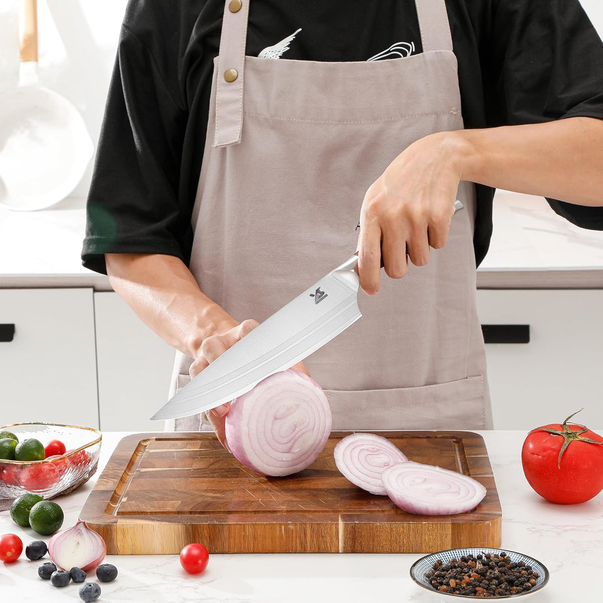 MSY BIGSUNNY 9pcs Knife Block Set, German Steel Kitchen Knife Set with Bone Chopper, Precious Pakkawood Handle for Chef Knife Block Set