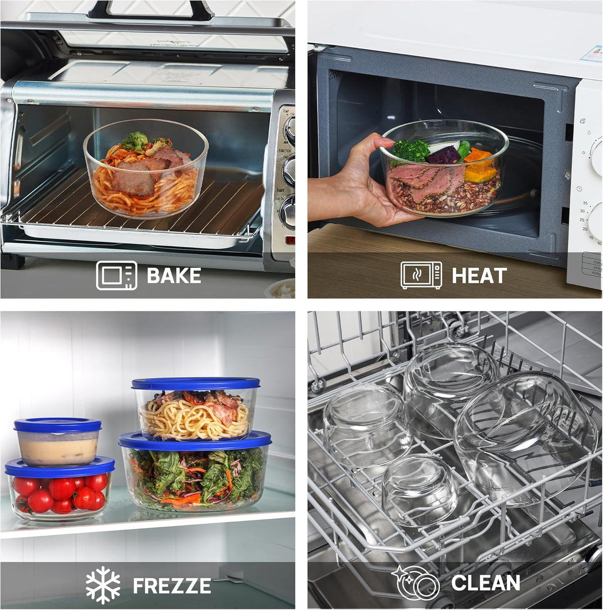 Vtopmart 4 Pack Glass Bowls with Lids (1, 2, 4, 7 Cup), Food Storage Containers, Meal Prep and Leftovers Keeper, Lunch Container, Microwave, Dishwasher & Freezer Safe