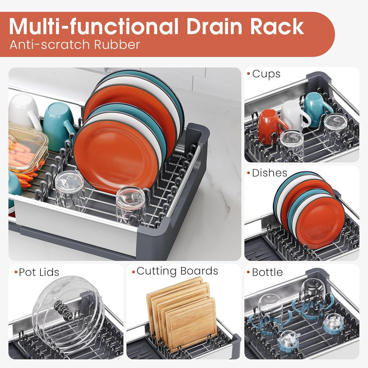 TOOLF Dish Drying Rack for Kitchen Counter, Extendable Dish Rack with Drainboard, Expandable Dish Drainer, Collapsible Dish Strainer with Cutlery Holder, Foldable Home Plate Rack, Alu Gray