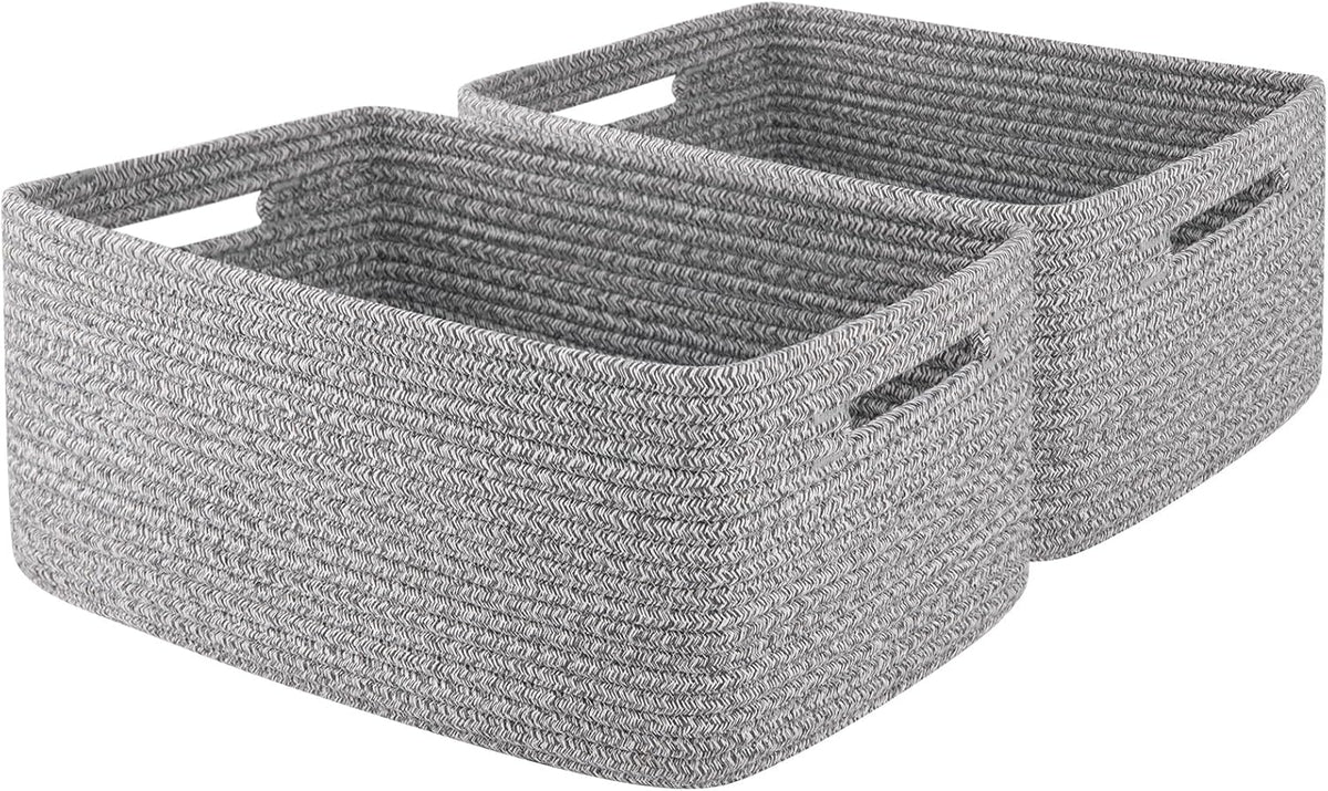OIAHOMY Storage Basket for Shelves, Closet Cube Storage Bins Baskets for Clothes Blanket Towels, Baby Nursery, Toy Baskets Box, Woven Rope Basket, 15.75*11.81*7.09 IN, 2 Packs Grey