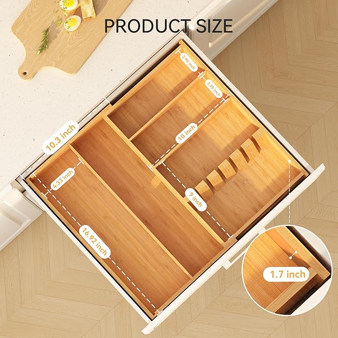 Yofidra Pure Bamboo Silverware Drawer Organizer: 16.9x18.9 Expandable Large Silverware Utensil Tray Holder, 5-Compartment with 6 Card Slots Flatware Organizer Kitchen Organizers and Storage