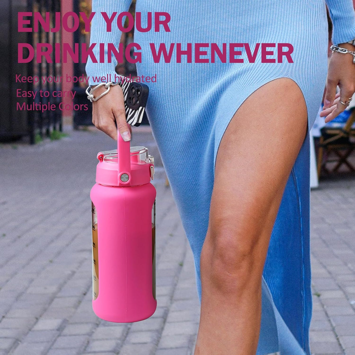 kytffu 64oz Glass Water Bottles with Straw, Half Gallon Motivational Glass Bottle with Silicone Sleeve and Time Marker, 2L Leakproof Large Glass Water Jug for Gym Home Office, Rose Red