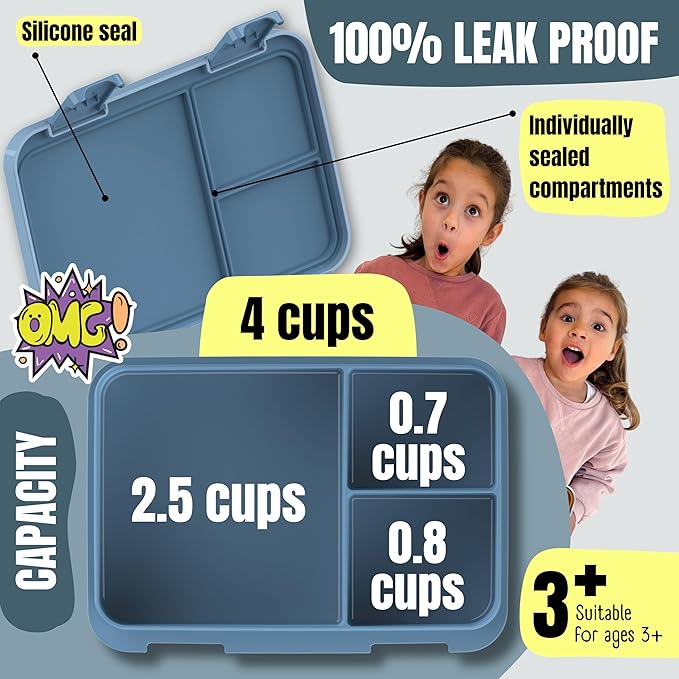 BEARFOOT Kids Lunch Box with Compartments – Compact & Lightweight | Leak-Proof, BPA-Free, Dishwasher & Microwave Safe | Hand-Drawn Design for Preschool, School, Travel (Dinos Blue, 4 Cups)