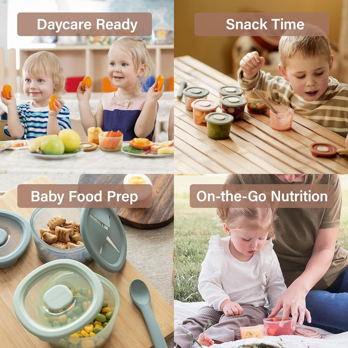 Moonkie Silicone Snack Containers for Kids | 8 oz Baby Food Storage Containers with Airtight Lids and A Snack Lid | Baby Food Jars | BPA Free | Freezer & Dishwasher Safe | 3 Pack