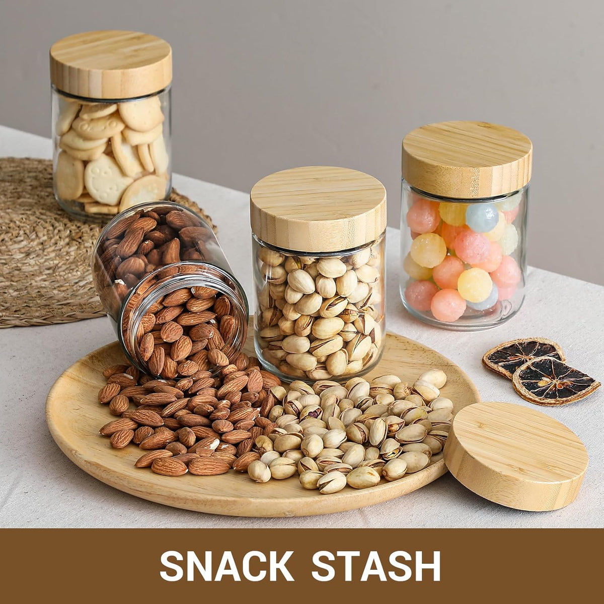 NETANY 4-pack 16oz Glass jars with Airtight Lids, Overnight Oats Containers with Bamboo Lids, Wide mouth Mason Salad jars, Glass Food Storage Containers for Snacks Yogurt Spice Sugar