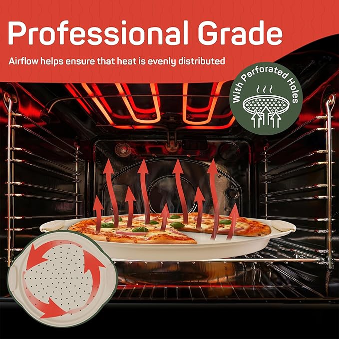 Non-Stick Pizza Pan with Silicone Handle 2 Pack, 13 Inch Round Carbon Steel Tray with Perforated Holes, Dishwasher & Oven Safe Up To 450°F, PFOAPFOSPTFE Free, Durable Nonstick White Marble Coating