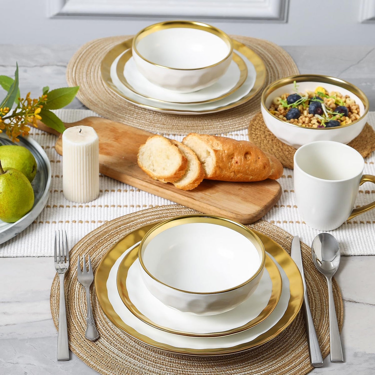 vicrays Ceramic Salad Bowls Set for Kitchen, Serving - 24 Ounce Soup Bowls, Pasta Bowls, Chip Resistant, Dishwasher Safe, NOT Microwave Safe, Fluted, Stoneware, Set of 6 (White with Golden)