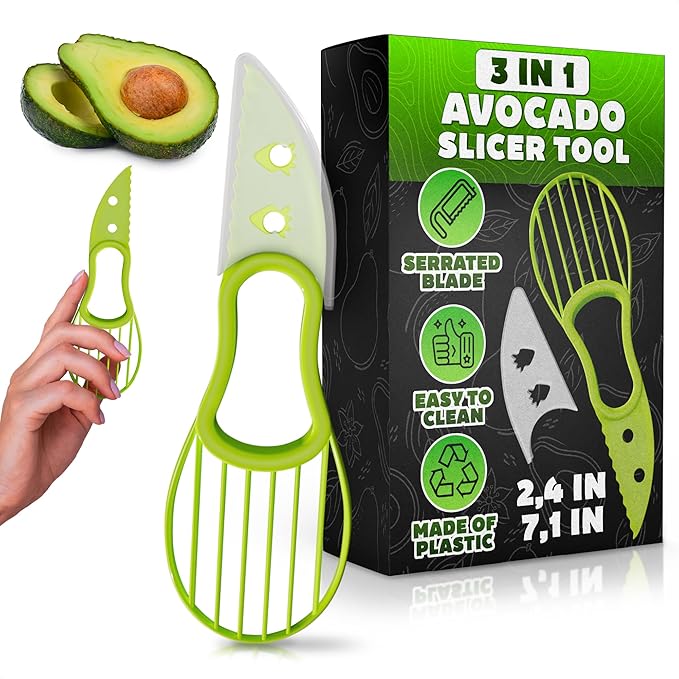 Avocado Slicer Tool 3 in 1 – Food-Grade Plastic Cutter, Peeler & Pit Remover for Easy Slicing, Scooping & Quick Food Prep – Easy to Use Kitchen Stocking Stuffers, Durable with Ergonomic Design