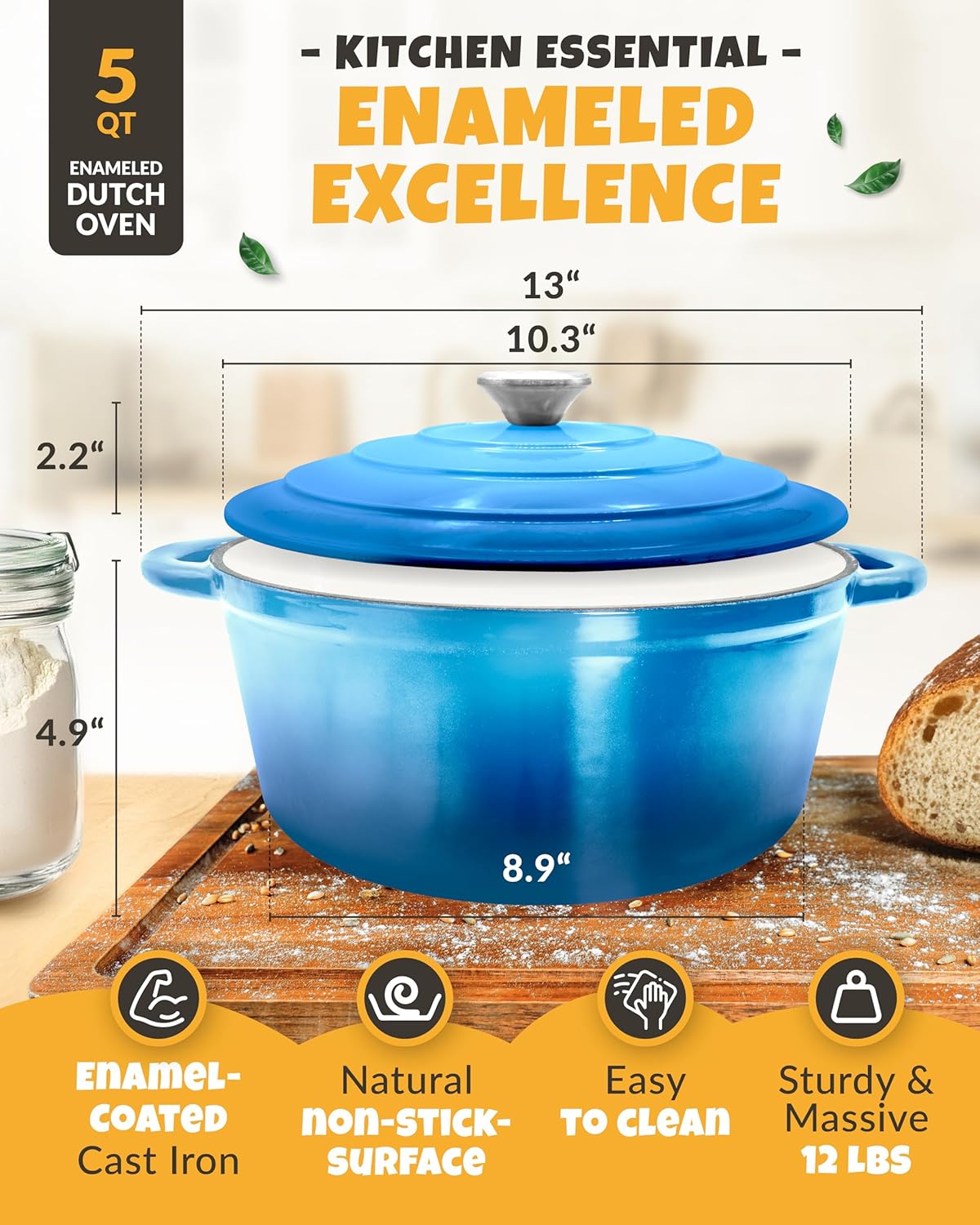 Dutch Oven for Bread Baking - incl. Sourdough Bread-Baking Supplies like Banneton Bread-Proofing Basket - 5QT Enameled Cast Iron Bread-Oven with Lid, Bread-Pan Sour Dough Starter Kit