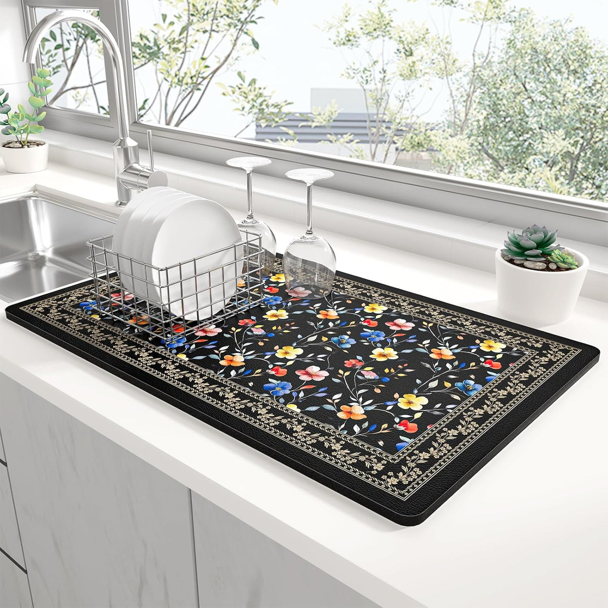 Rnivvi Dish Drying Mat for Kitchen Counter, 12 x 19" Cute Flower Theme Super Absorbent Draining Pad, Non-Slip Heat Resistant Coffee Bar Mat for Coffee Machine Station Accessories, Retro Dish Rack Pad