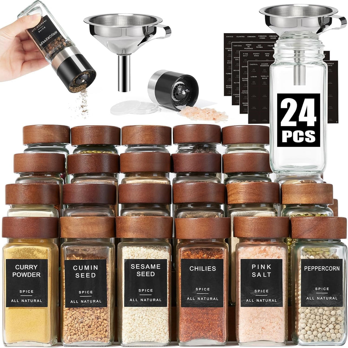 Yangbaga 24Pcs Glass Spice Jars with Labels-4OZ Wood Lid Square Spice Containers with Pepper Grinder Lids &Funnel,Seasoning Jars for Rack Cabinet Drawer