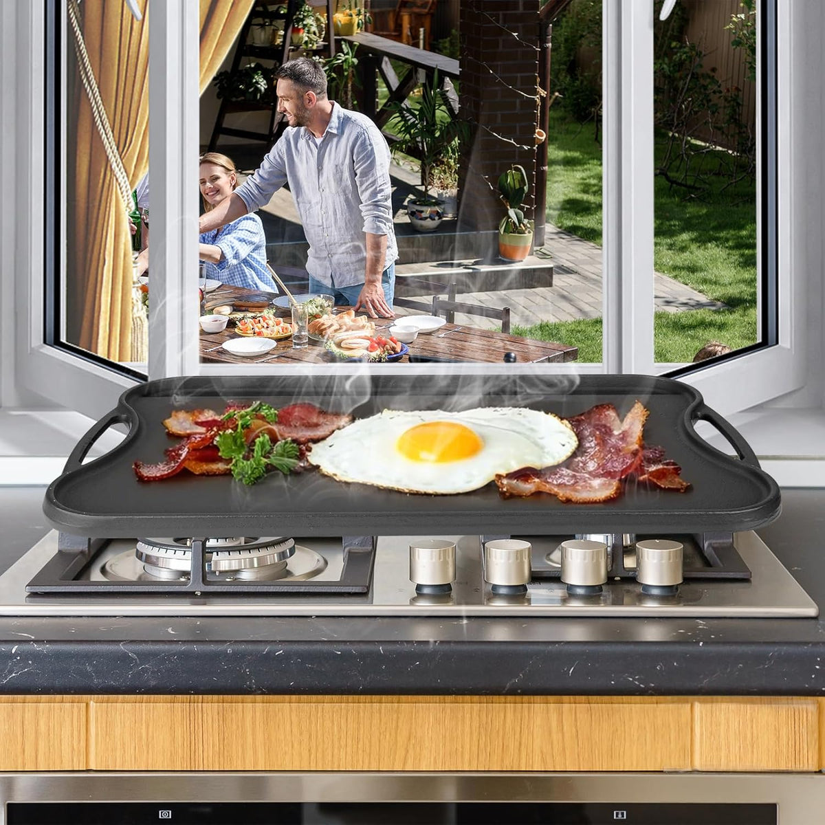 Cast Iron Reversible Grill/Griddle Pan -20"x10.5" Pre-Seasoned Rectangular Double Sided Griddle Plate for Gas Stove, Oven, Camping, Indoor & Outdoor Cooking - Non-Stick, Durable & Versatile