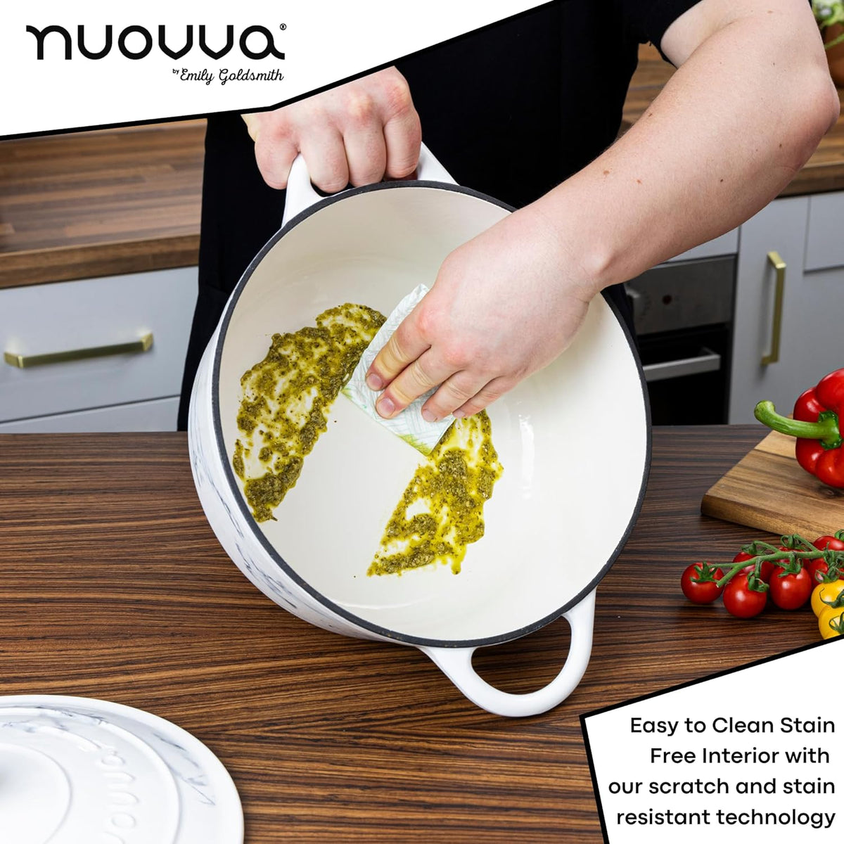 Cast Iron Dutch Oven with Lid – Non-Stick Ovenproof Enamelled Casserole Pot – Sturdy Dutch Oven Cookware – Marble, 6.4-Quart, 28cm – by Nuovva