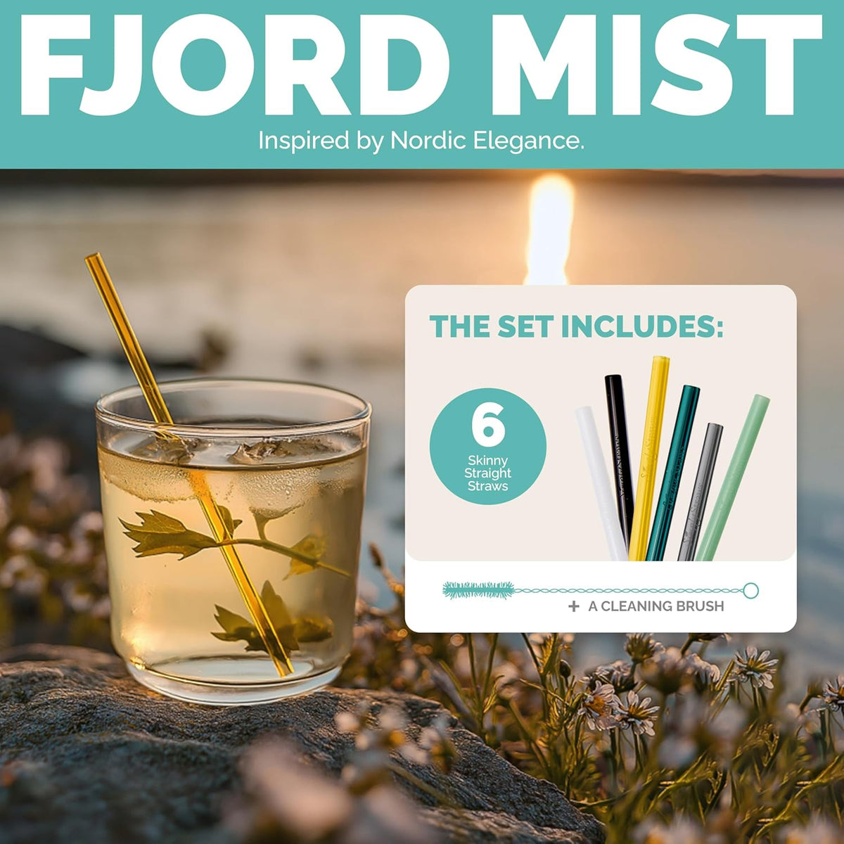 Simply Straws 6 Inch Skinny Glass Straws (6-Pack) - Reusable Cocktail Straws for Mixed Drinks, Low Balls, Coffee & Tea, with Cleaning Brush – Dishwasher Safe, Hot & Cold Use, BPA-Free (Fjord Mist)