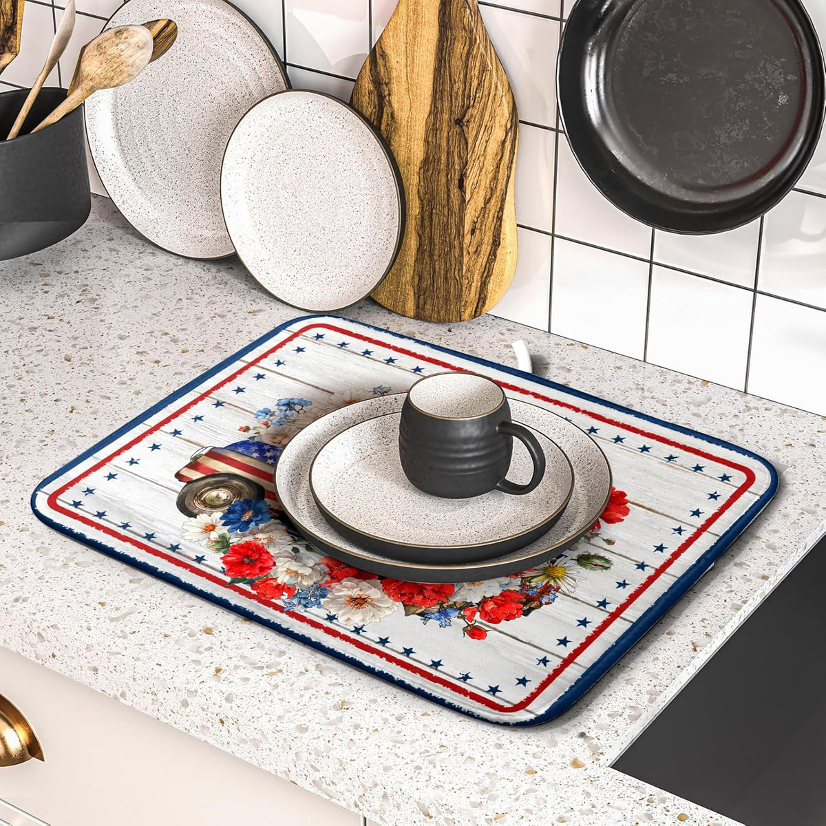 American Flag Dish Drainer Mat Flowers Absorbent Dish Rack Pad for Kitchen Coffee Bar Sinks