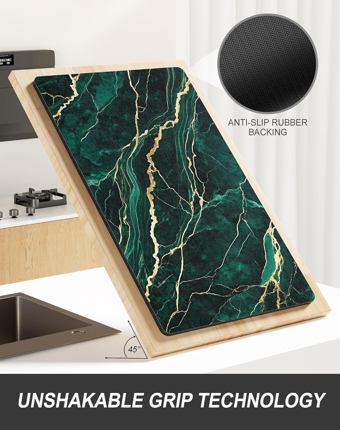 Rnivvi Dish Drying Mat for Kitchen Counter, 12 x 19" Cute Marble Super Absorbent Draining Pad, Non-Slip Heat Resistant Coffee Bar Mats for Coffee Machine Station Accessories, Green Gold Dish Rack Pad