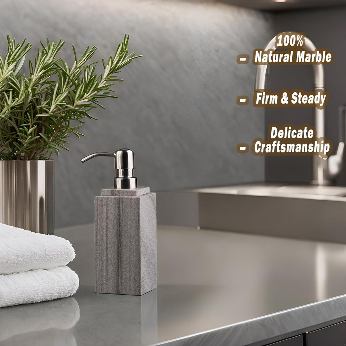 Hand Liquid&Lotion Soap Dispenser Pump Bottle Natural Marble for Kitchen Bathroom Countertop Laundry Room Holds Dish Soap Shampoo Laundry Liquid Shower Gel (Grey Sand)