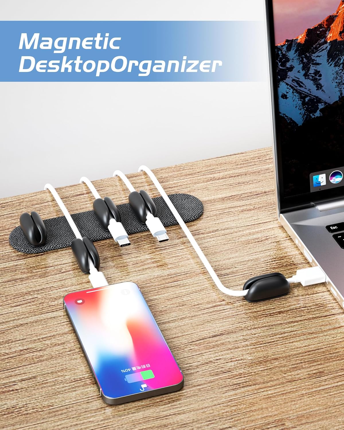 5-Pack Magnetic Cable Clips Cord Organizer - Smoothly Adjustable, Puretor Desk Cable Management Clips. Ideal Wire Holders for Desktop, Nightstand, Wall - Perfect for Home Office, Phone, Car (Black)