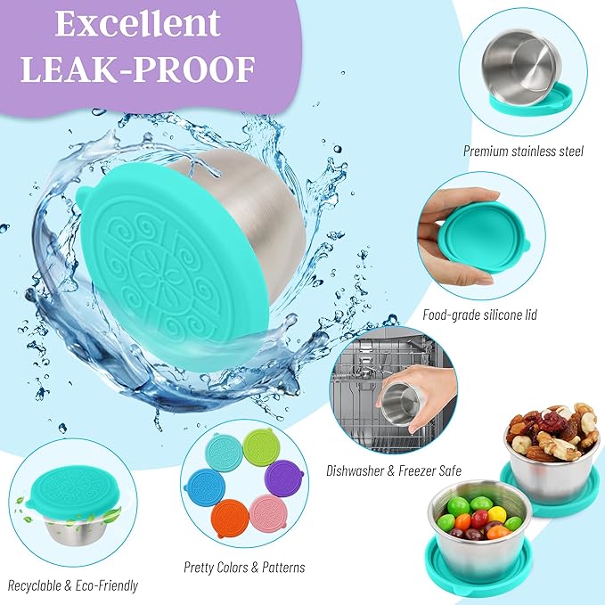 6x2.7 Oz Salad Dressing Container to Go,Handy Leakproof Stainless Steel Meal Prep Containers Reusable,Sauce Containers for Lunch Box, Picnics, Travel, Office and Kitchen Storage