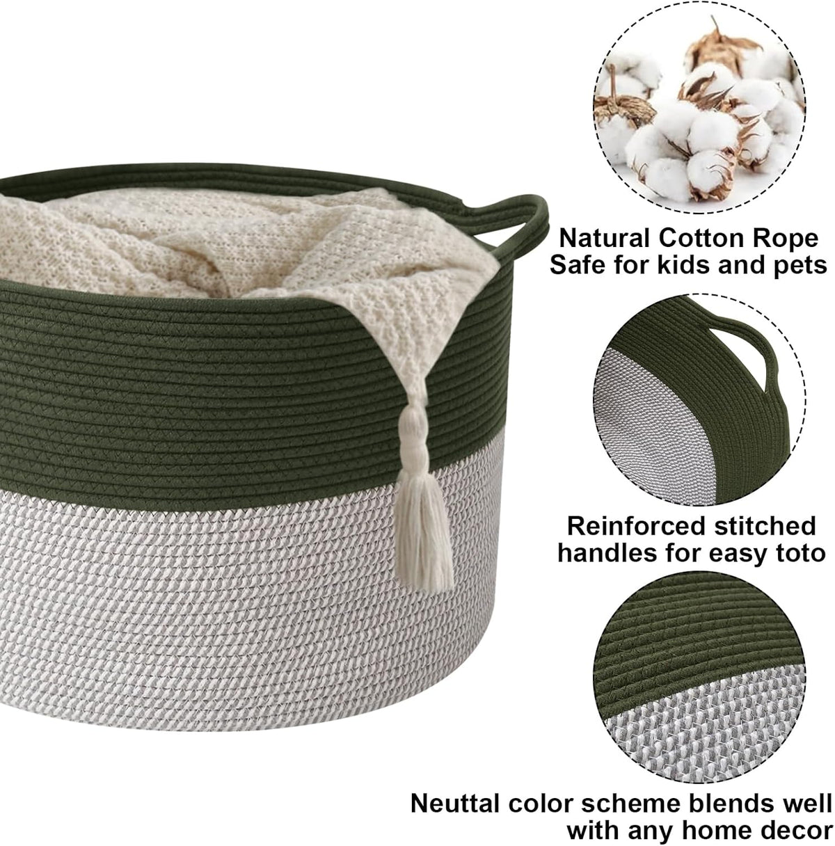 Large Blanket Basket for Organizing,115L Closet Organizers and Storage Bins Box for Shelves Woven Rope Storage Baskets,Living Room,Bedroom,Dorm,Laundry room (Green&White)