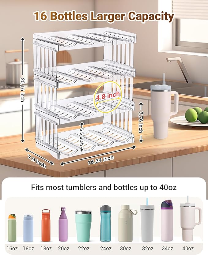 Upgraded Larger Tumbler Organizer for Stanley Cup 40 oz with Handle, Kitchen Storage for Stanley Cup Accessories, Pantry Organizers and Storage for Tumbler Mug Cup Gifts (Larger-16-bottle)
