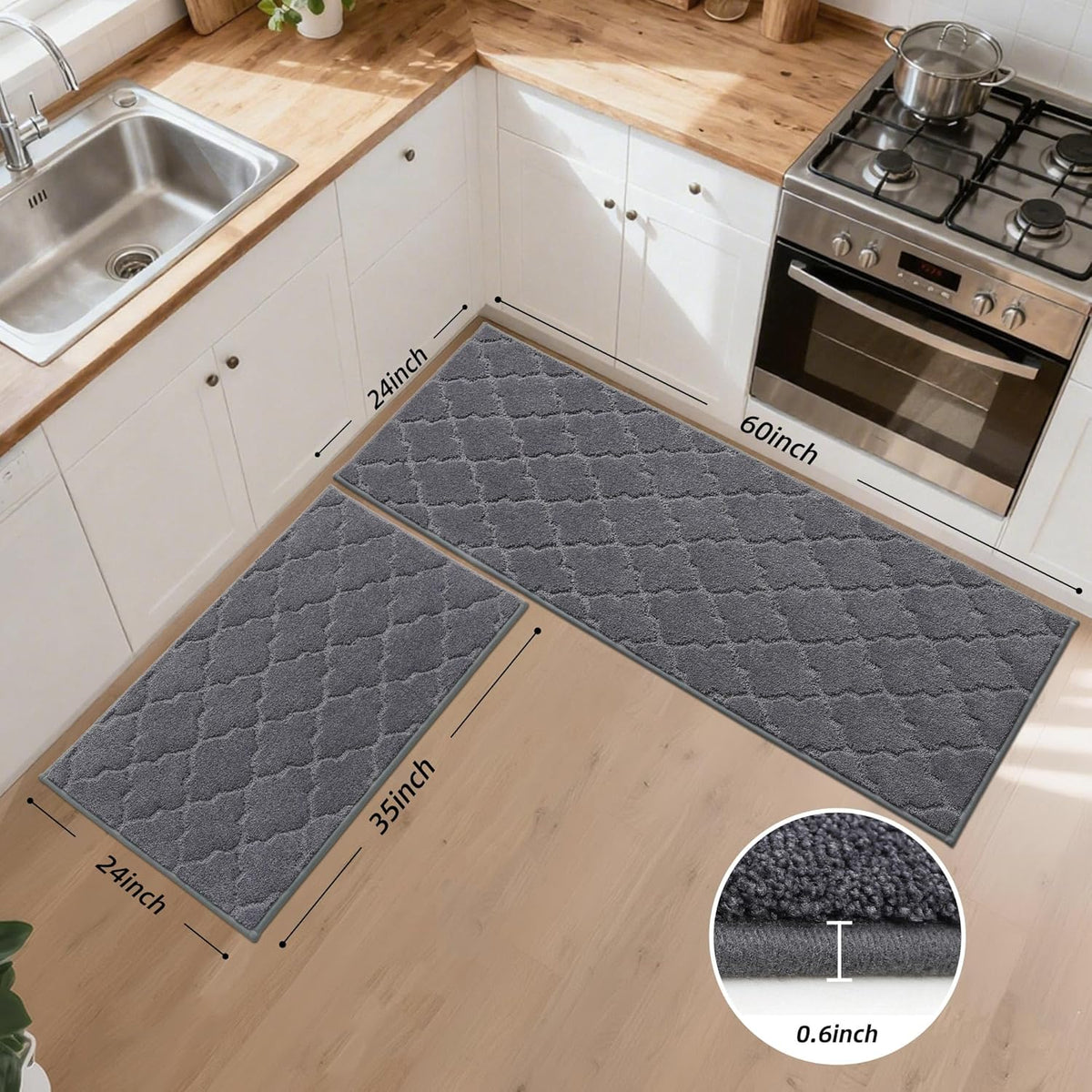 JSEI Kitchen Rugs, Non-Slip Kitchen Mats for Floor, Soft Washable Absorbent Kitchen Mats 2 Pieces, Kitchen Carpet Runner with TPR Backing, Polyester, 24”x36”+24”x60”, Dark Grey
