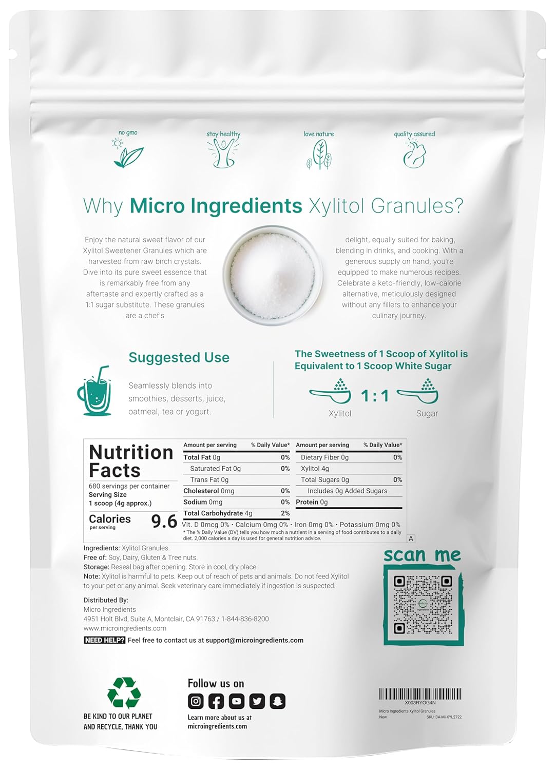 Xylitol Sweetener, 6 Pounds, Natural Sweetener, 1:1 Sugar Substitute and Low Calorie, Great for Baking and Cooking, No After Taste, Keto Friendly