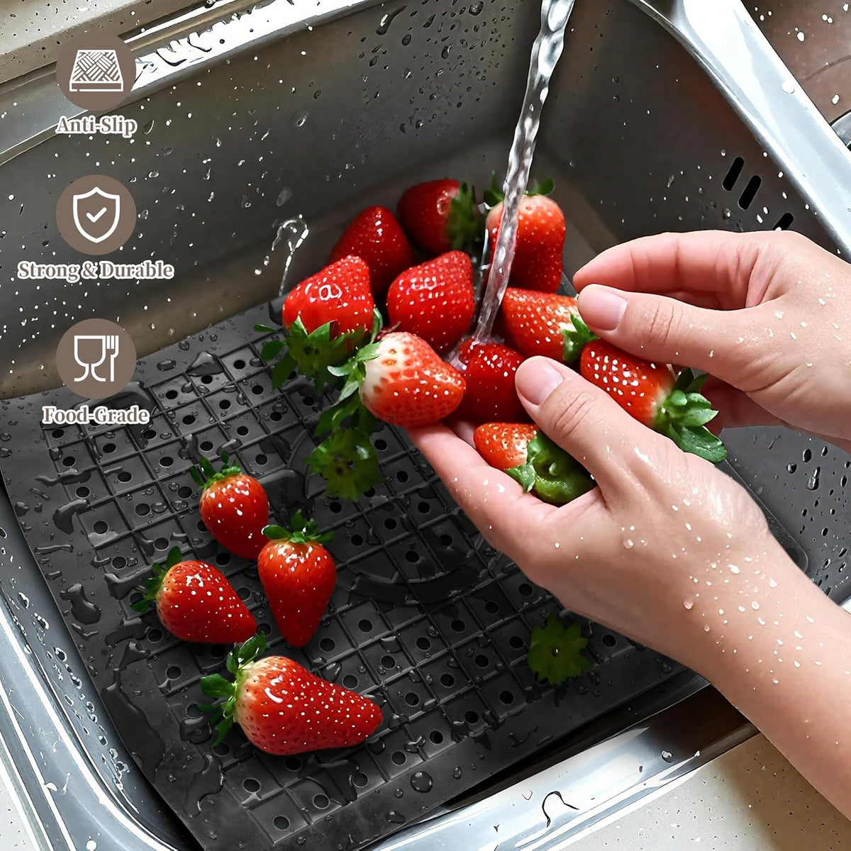 WILLKOMMEN Kitchen Sink Mat, 12" x 10" Dish Drying Mat, Rectangular Sink Protector Mats for Bottom of Kitchen Sink, Fast Draining Sink Mats Grid, 2 Pack Black