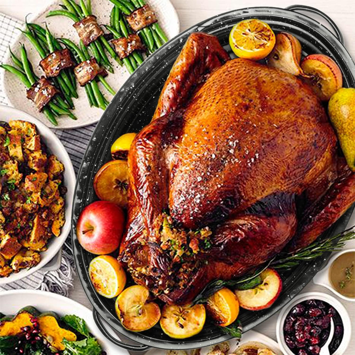 Granite Roasting Pan, 18” Enameled Roasting Pan with Domed Lid. Oval Turkey Roaster Pot, Broiler Pan Great for Turkey, Chicken, Lamb, Vegetable. Dishwasher Safe Cookware Fit for 18Lb Turkey by Kendane