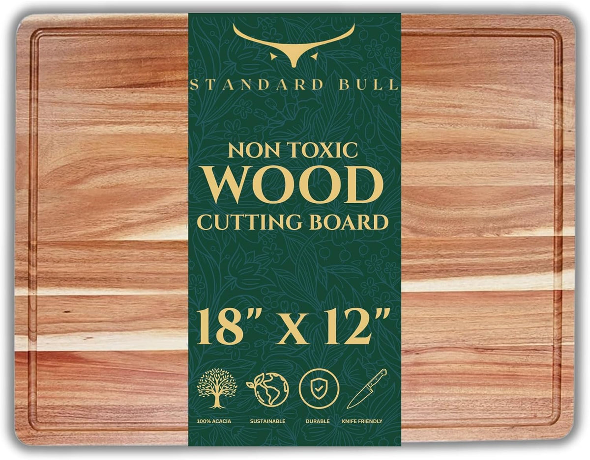Acacia Wood Cutting Board – Large 18x12 Wood Cutting Boards for Kitchen with Juice Groove, Reversible Prep & Serving Board, Wooden Chopping Board for Mess-Free Cooking