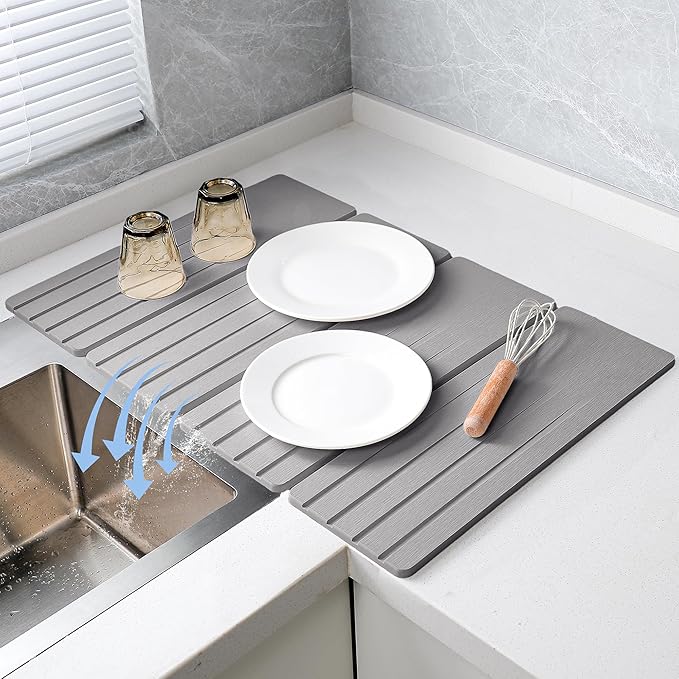 Extral Large Quick Dry Stone Drying Mat for Kitchen Counter,28x16 Inch Collapsible Eco-Friendly Absorbent Diatomaceous Earth Mat for Dishes Cups (Medium Gray-Upgraded Version, 16x12 inch)