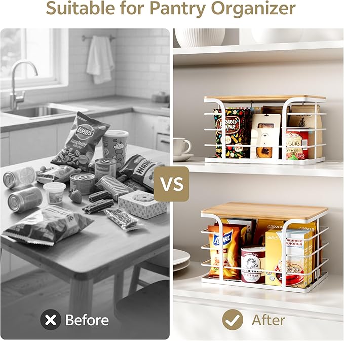 2 Pack Extra Large Stackable Pantry Organizer,Wall Mount Garbage Bag Holder Dispenser with Bamboo Top for Kitchen Laundry Room Organization,White